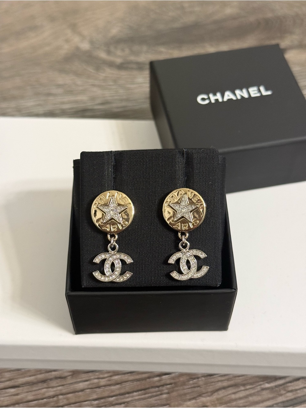 CHANEL 2025 Gold Star Button Crystal CC Dangle Earrings